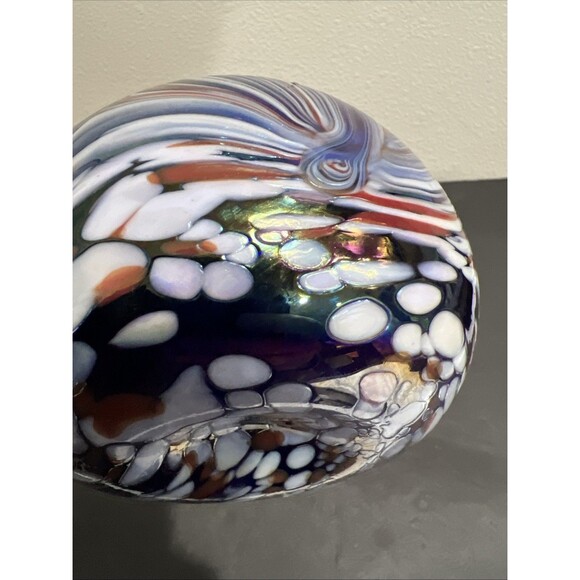 Art Glass Globe Vase with Purple Blue Brown Swirls Sphere Vintage - Picture 13 of 15